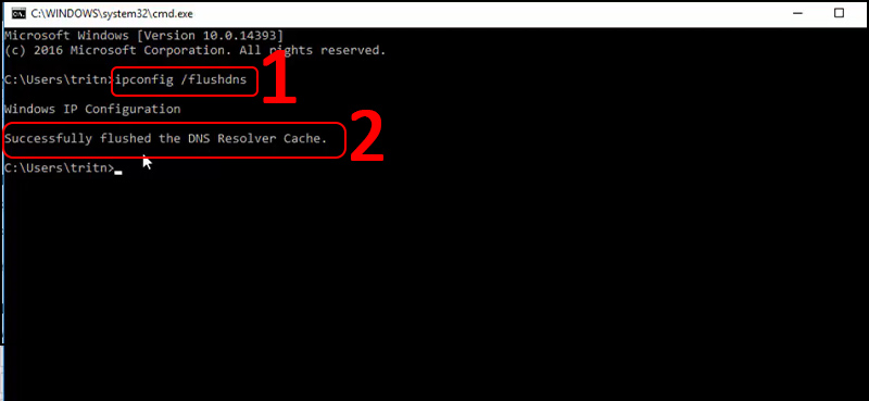 Nhập 'ipconfig /flushdns' > Nhấn Enter > Khi máy tính phản hồi 'Windows IP configuration successfully flushed the DNS Resolver Cache' tức là bạn đã xóa xong. 